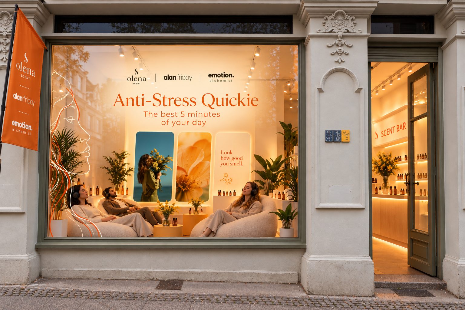 Visualisierung: Schaufenster und Eingang des Anti-Stress Pop-Ups in der Auguststraße
